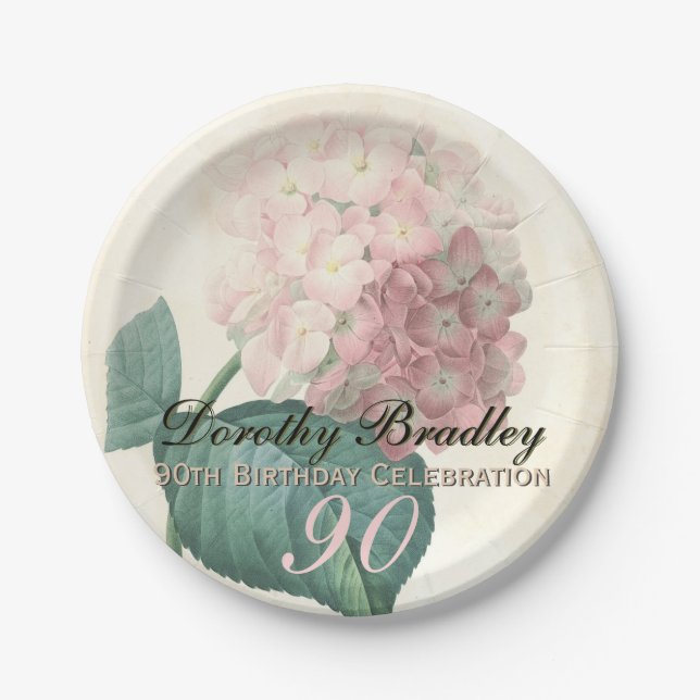 Vintage Botanical Hydrangea 90th Birthday Party PP Paper Plate (Front)