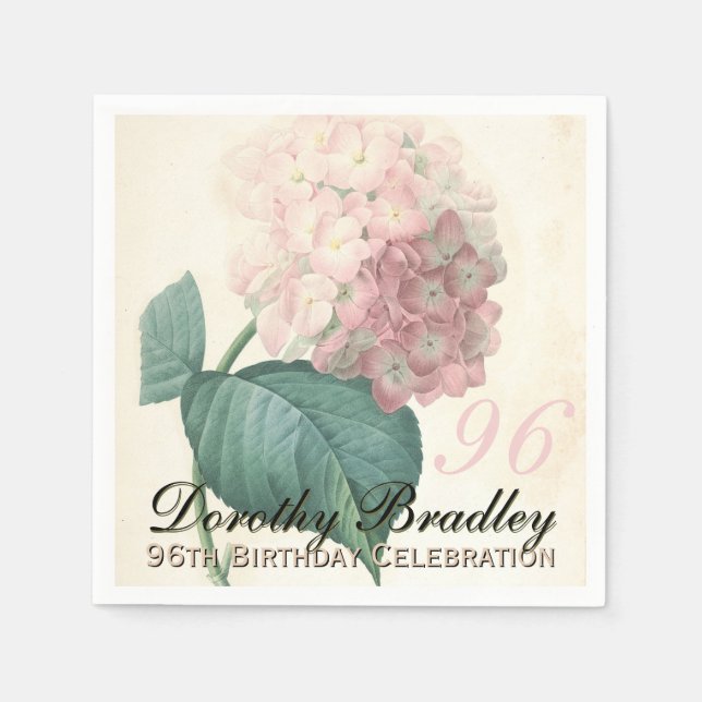Vintage Botanical Hydrangea 96th Birthday Party PN Napkin (Front)