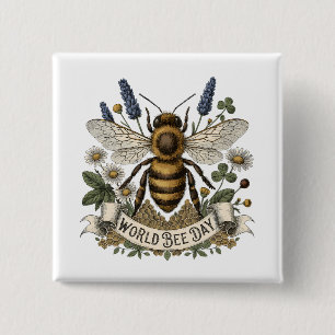 Vintage Botanical Illustration for World Bee Day w 15 Cm Square Badge