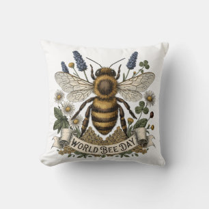 Vintage Botanical Illustration for World Bee Day w Cushion