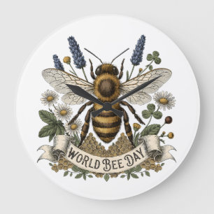 Vintage Botanical Illustration for World Bee Day w Large Clock