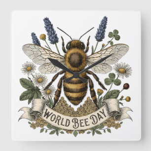 Vintage Botanical Illustration for World Bee Day w Square Wall Clock