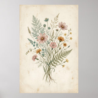 Vintage Botanical Illustration of Wildflowers Poster