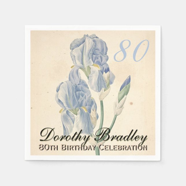 Vintage Botanical Irises 80th Birthday Party PN Napkin (Front)