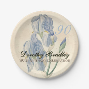 Vintage Botanical Irises 90th Birthday Party PP Paper Plate