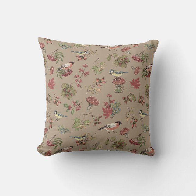 Vintage Botanical Leaves Berries Plants and Birds Cushion (Front)
