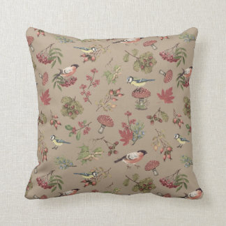 Vintage Botanical Leaves Berries Plants and Birds Cushion