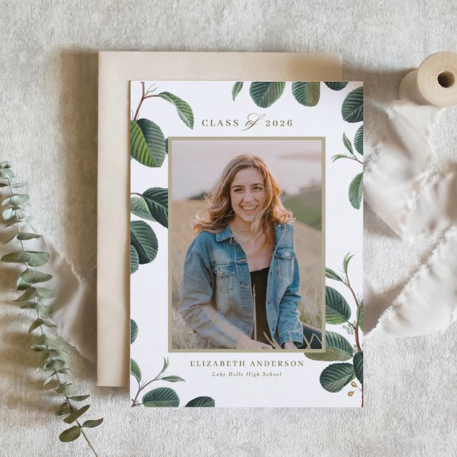 Vintage Botanical Leaves White Photo Graduation Invitation (Customizable photo graduation invitation featuring botanical greenery.)