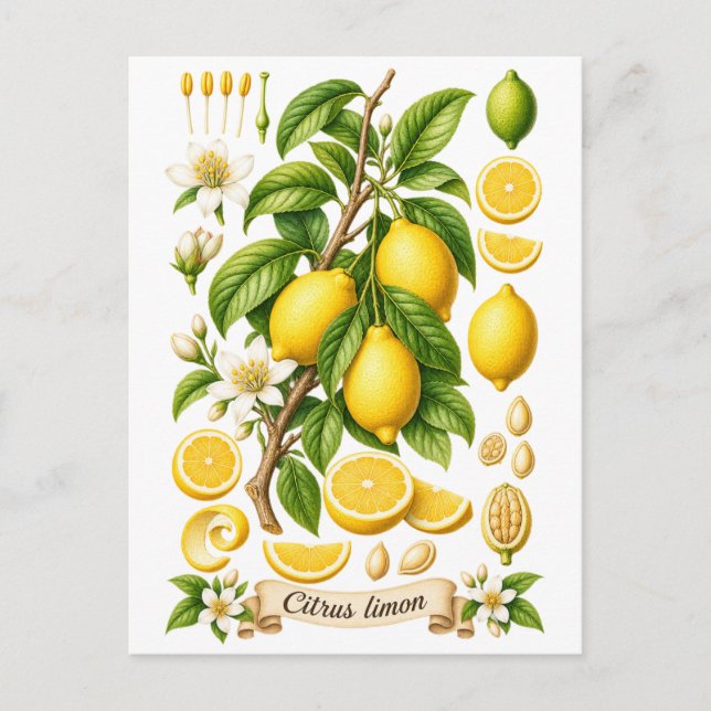 Vintage Botanical Lemon Illustration Postcard (Front)
