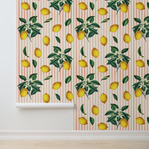Vintage Botanical Lemons Pink Stripes Wallpaper