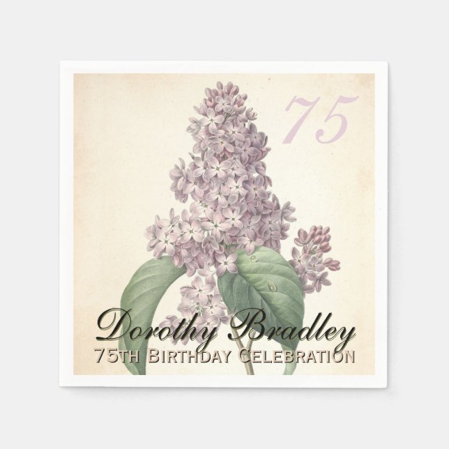 Vintage Botanical Lilac 75th Birthday Party PN Napkin (Front)