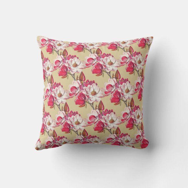 Vintage Botanical Magnolia Pink Flowers Beige Cushion (Back)