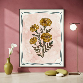Vintage Botanical Marigolds and Watercolor Blush Poster