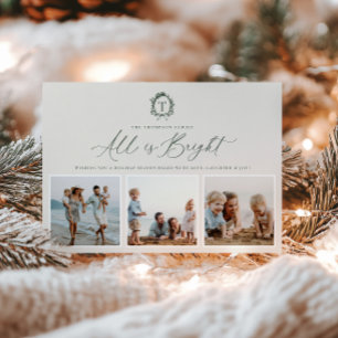 Vintage Botanical Monogram 3 Photo Holiday Card