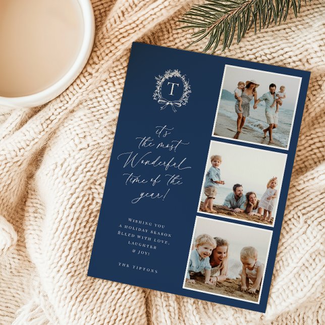 Vintage Botanical Monogram 3 Photo Holiday Card (Creator Uploaded)