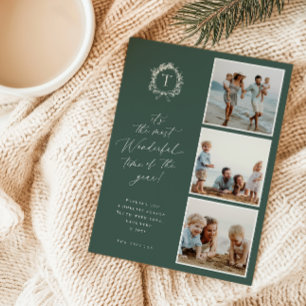 Vintage Botanical Monogram 3 Photo Holiday Card