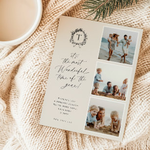 Vintage Botanical Monogram 3 Photo Holiday Card