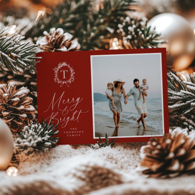 Vintage Botanical Monogram 3 Photo Holiday Card (Creator Uploaded)