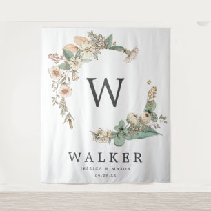 Vintage Botanical Monogram Backdrop Photo Booth Tapestry