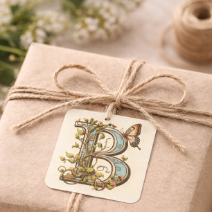 Vintage Botanical Monogram Letter B Square Sticker