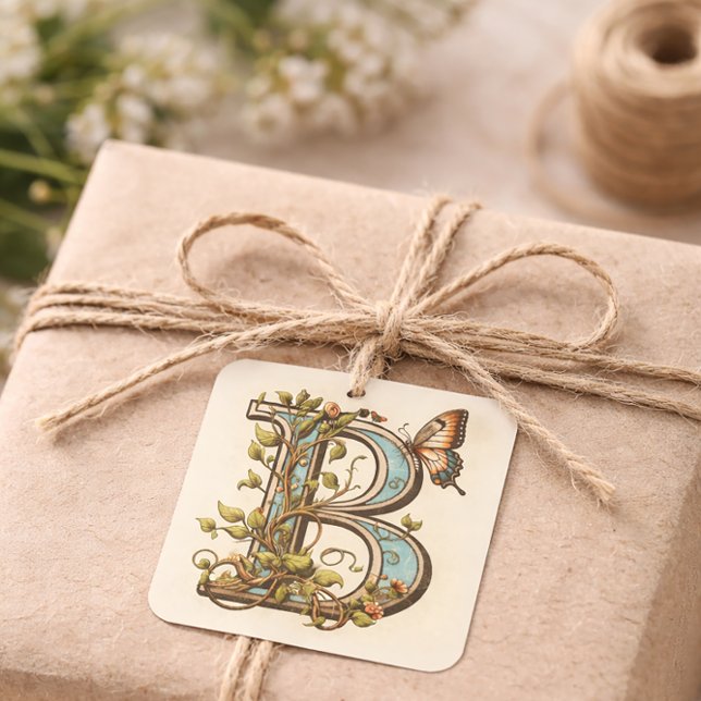 Vintage Botanical Monogram Letter B Square Sticker (Creator Uploaded)