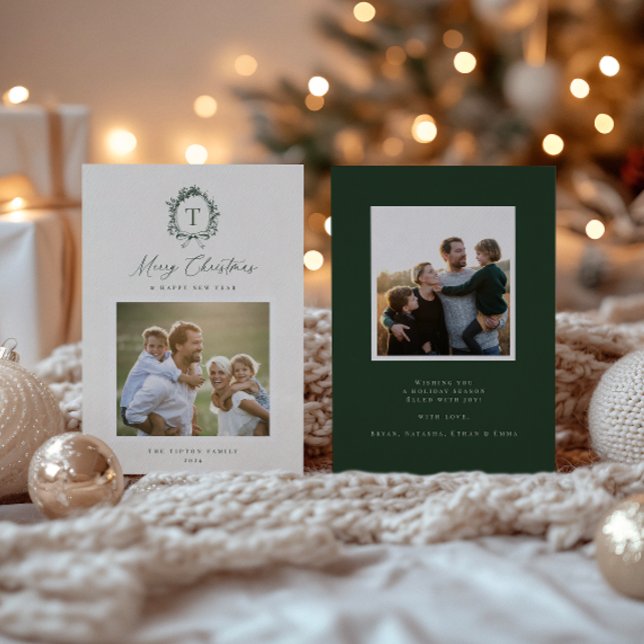 Vintage Botanical Monogram Photo Holiday Card (Creator Uploaded)