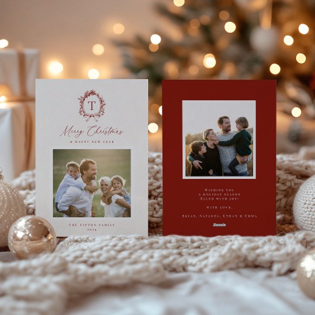 Vintage Botanical Monogram Photo Holiday Card (Creator Uploaded)