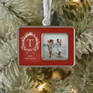 Vintage Botanical Monogram Red Silver Plated Framed Ornament