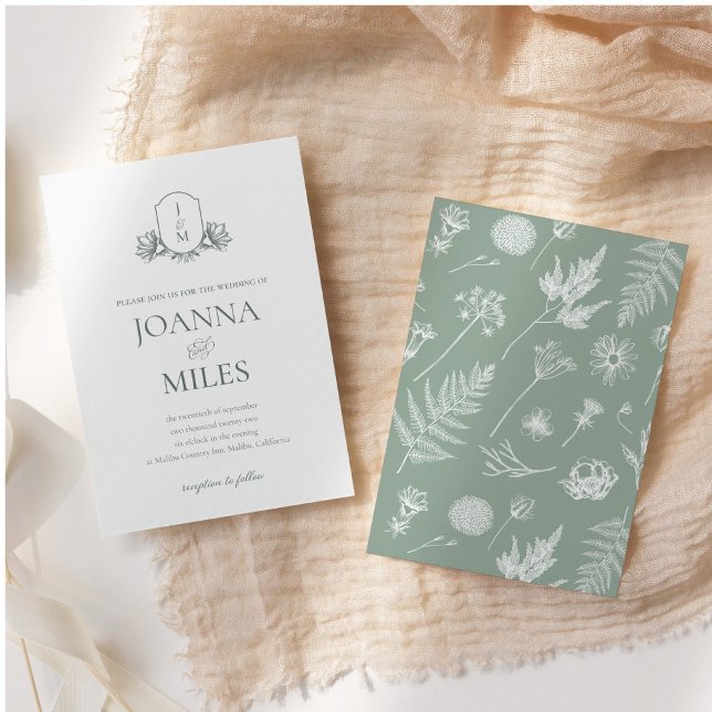 Vintage Botanical Monogram Sage Invitation (Creator Uploaded)