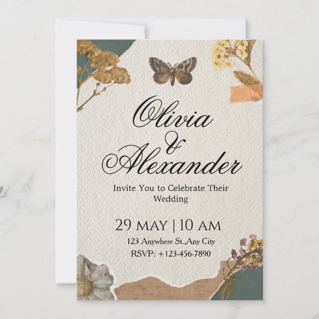 Vintage Botanical Moth Scrapbook Wedding Invitatio Invitation (Front)
