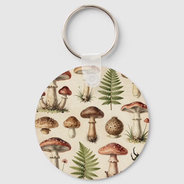 Vintage Botanical Mushroom Fern Collage Key Ring (Front)