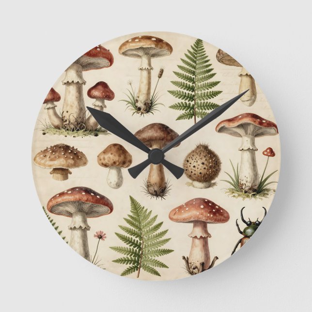 Vintage Botanical Mushroom Fern Collage Round Clock (Front)