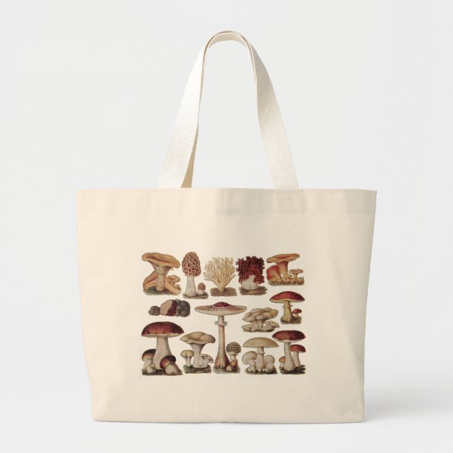 Vintage Botanical Mushrooms Large Tote Bag (Front)