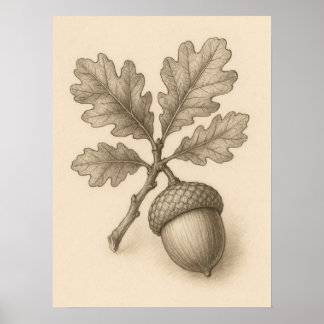 Vintage Botanical Oak Acorn Ink Drawing Poster