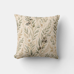 Vintage Botanical Olive Branches & Ivory Floral Cushion