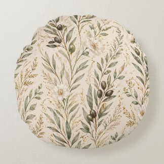  Vintage Botanical Olive Branches & Ivory Floral Round Cushion