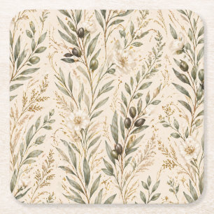 Vintage Botanical Olive Branches & Ivory Floral Square Paper Coaster