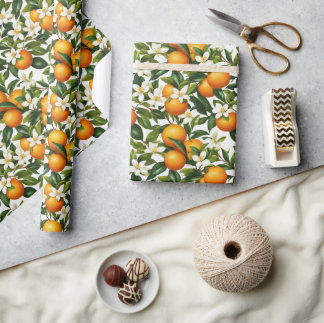 Vintage Botanical Orange Fruit Blossom Pattern Wrapping Paper