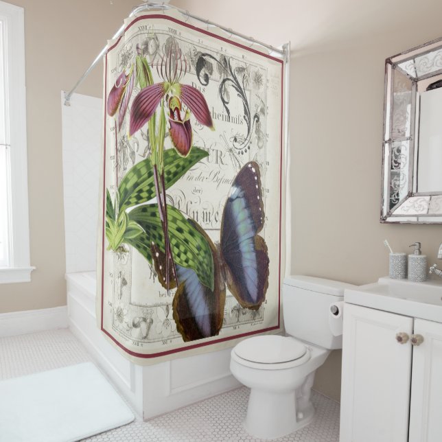 Vintage Botanical orchid and butterfly Shower Curtain (In Situ)