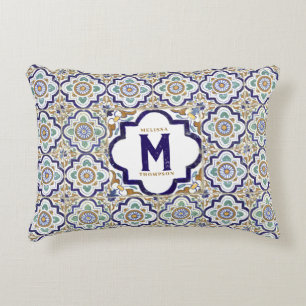 Vintage Botanical Ornamental Tiles Monogram  Decorative Cushion
