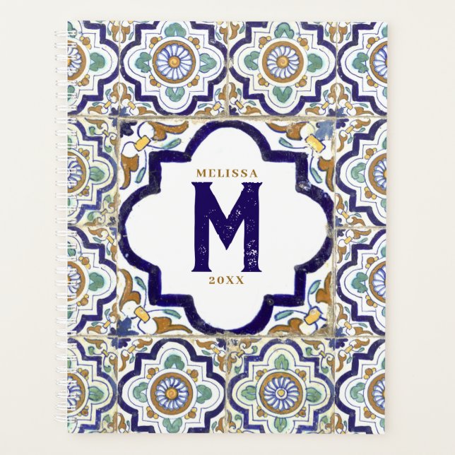 Vintage Botanical Ornamental Tiles Monogram  Planner (Front)