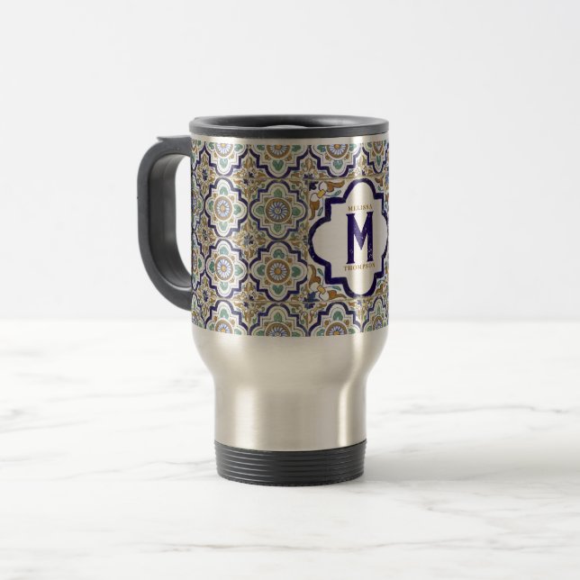 Vintage Botanical Ornamental Tiles Monogram  Travel Mug (Front Left)