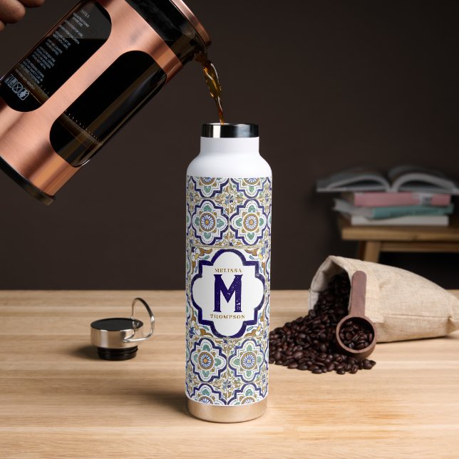 Vintage Botanical Ornamental Tiles Monogram  Water Bottle (Coffee)