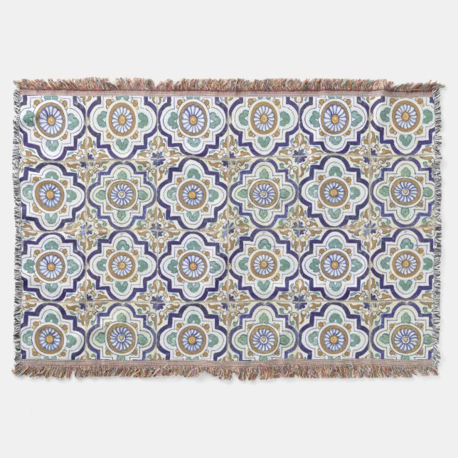 Vintage Botanical Ornamental Tiles Pattern Throw Blanket (Front)