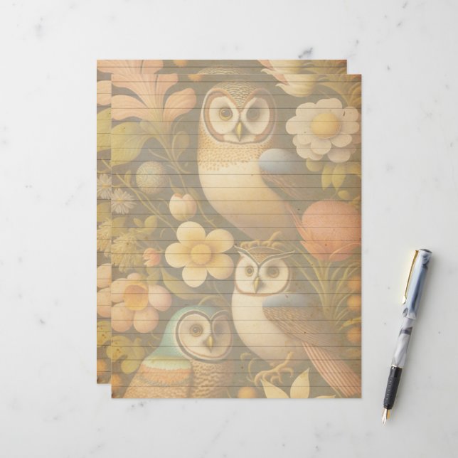 Vintage Botanical Owls & Flowers Scrapbook Paper (Front/Back In Situ)