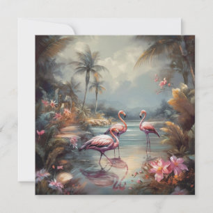 Vintage botanical painting flamingos and Flowers
