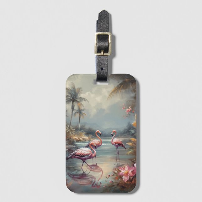 Vintage botanical painting flamingos and Flowers Luggage Tag (Front Vertical)