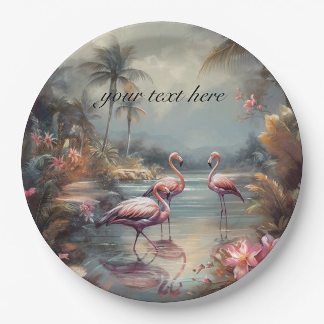vintage botanical painting flamingos customisable paper plate (Front)