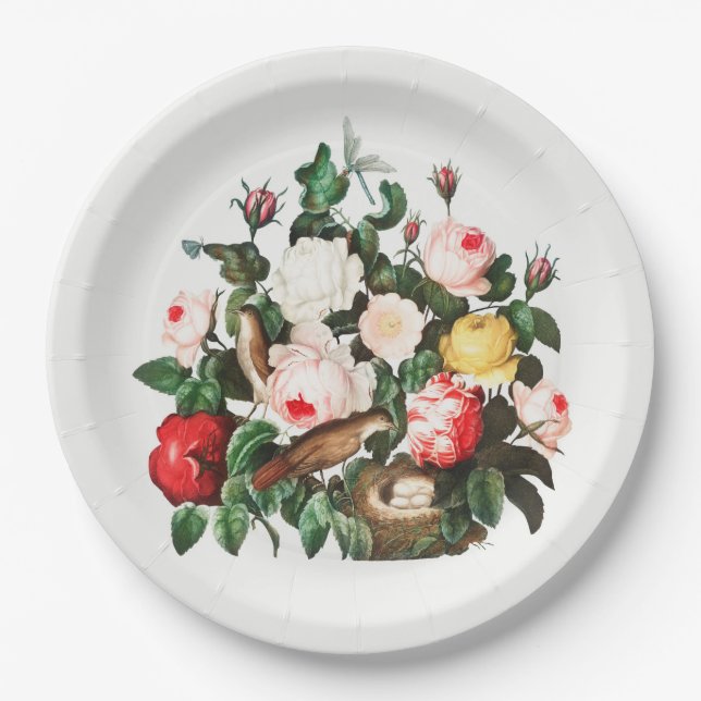 VINTAGE BOTANICAL PAPER PLATE WITH BIRDS NEST (Front)