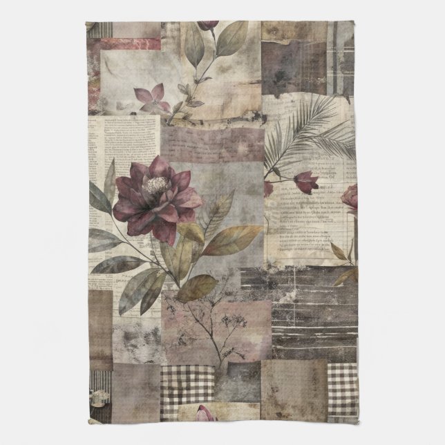 Vintage Botanical Patchwork Rustic (1) Tea Towel (Vertical)